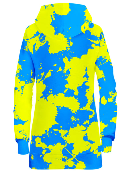 Big Tex Funkadelic - Yellow and Blue Paint Splatter Hoodie Dress