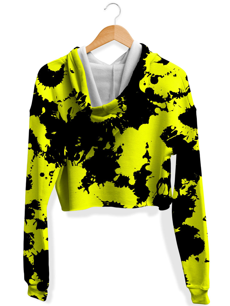 Yellow and Black Paint Splatter Fleece Crop Hoodie