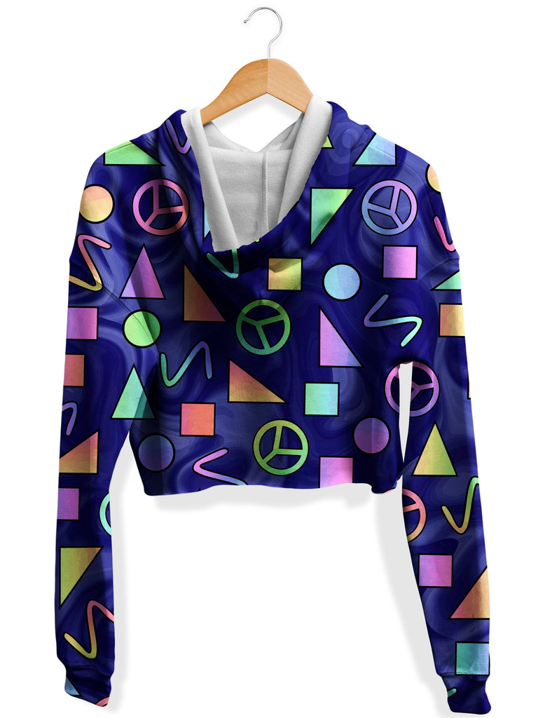 Retro Shapes Peace Symbols Blue Fleece Crop Hoodie