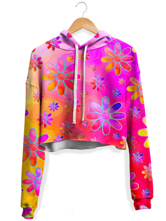 Sartoris Art - Hippie Trippy Flowers Fleece Crop Hoodie