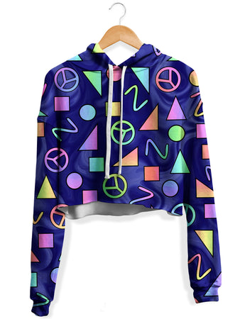 Sartoris Art - Retro Shapes Peace Symbols Blue Fleece Crop Hoodie